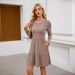 Women's Clothing Hot Selling Round Neck Pocket Casual Knee Length Sweater Long Sleeved Dress_ecoleips.com