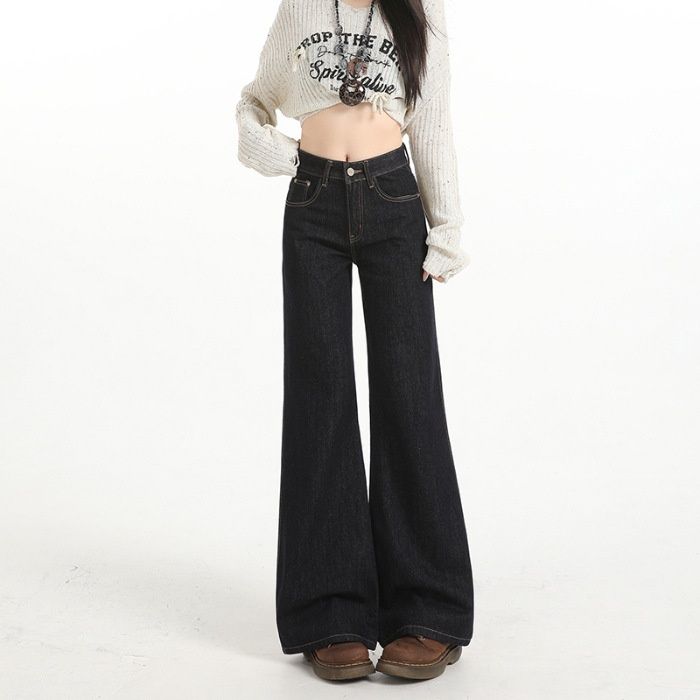 6313#American-style Denim Flared Jeans For Women, Dark Blue, Non-tight-fitting, Casual Straight-leg Bell-bottom Pants_ecoleips.com