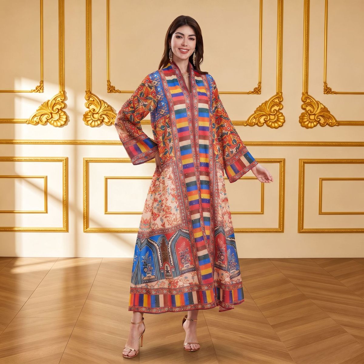Women's Long Sleeved V Neck Robe Dress Ethnic Print Suitable for Everyday Wear Festivals And Parties Muslim Fashion_ecoleips.com