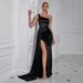 Women's Clothing New Design Temperament Sexy Slim Evening Dress Oblique Shoulder Slit Hot Diamond Dress_ecoleips.com