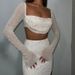 Knitted Beaded Square Neck Long Sleeve And Short Set Spring Women's Fashion Sexy Crop Top Skirt_ecoleips.com