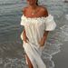 Women's clothing one-shoulder sexy puff sleeve solid color lace holiday beach dress_ecoleips.com