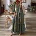 Women's Bohemian Style Long Skirt Dress V Neck Trumpet Sleeve Printed High Waist Floral Vacation Gown_ecoleips.com
