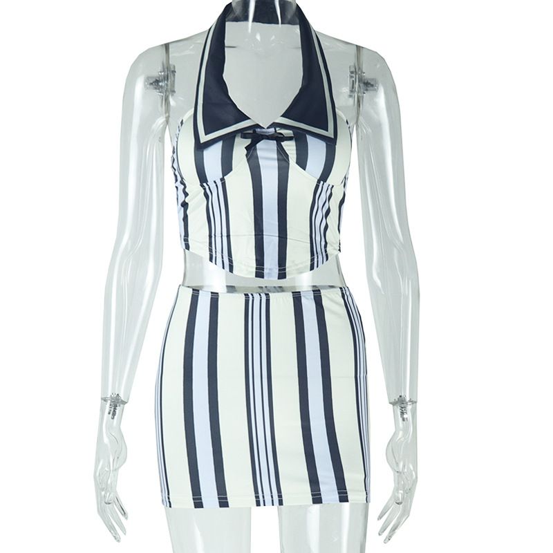 Women's European American Style Sleeveless Halter Neck Striped Contrast Color Hip Skirt Suit Autumn Personalized Digital Print_ecoleips.com