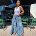 Women's Faux Two Piece Denim Skirt European American Style Streetwear Symmetrical Slit Jeans_ecoleips.com
