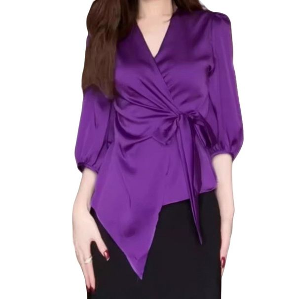 French V-Neck Satin Blouse With Feminine Charm, Featuring 7/8 Sleeves And A Chic Tie-Waist Design For Autumn And Summer._ecoleips.com