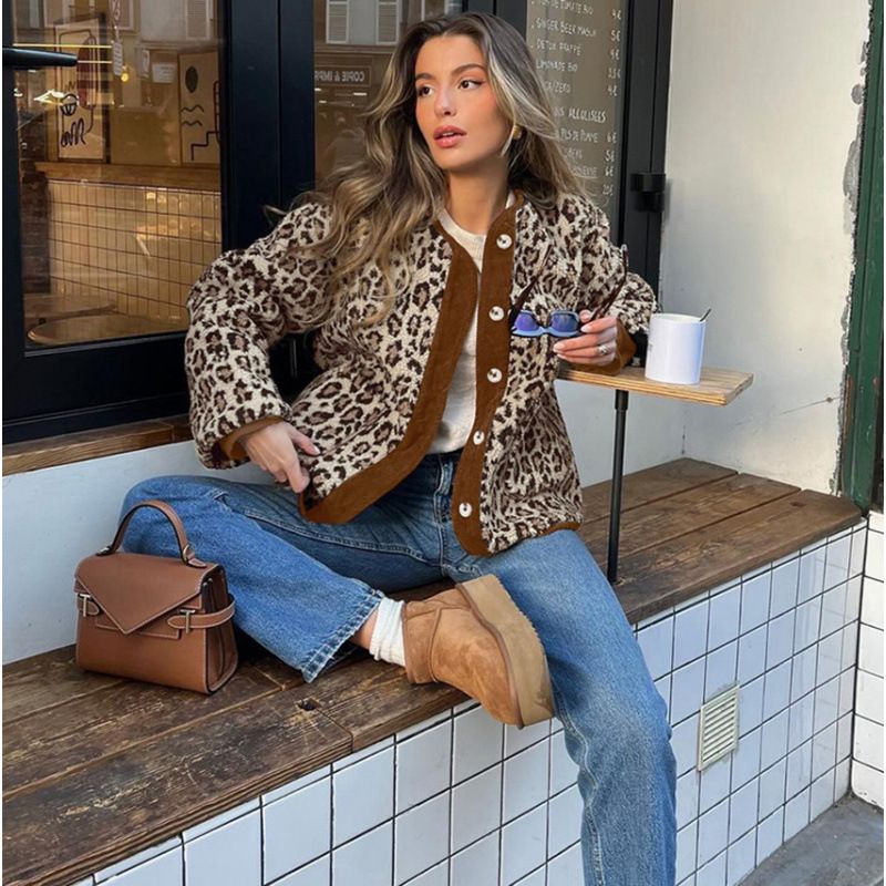 High-End Leopard Print Lambswool Jacket Autumn And Winter Niche Long-Sleeved Top Women_ecoleips.com