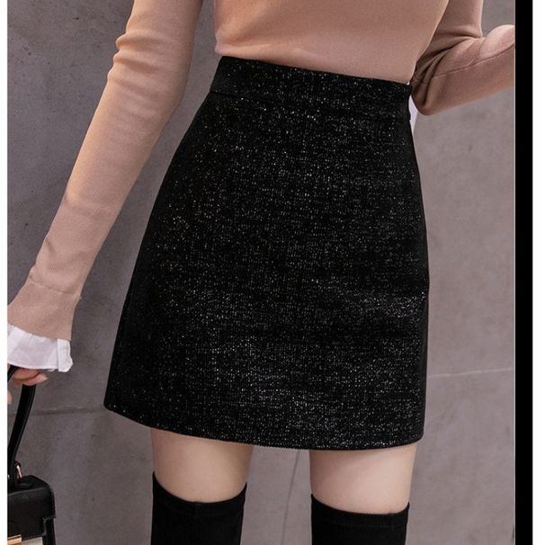 Verve New Shiny Chenille 2025 High Waist Slimming Versatile Black Short Skirt For Autumn And Winter_ecoleips.com