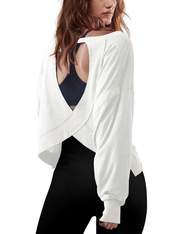 Women's American Style Loose Fitting Long Sleeved Backless Top Youthful Cutout Short round Neck T-Shirt Casual Fashion_ecoleips.com