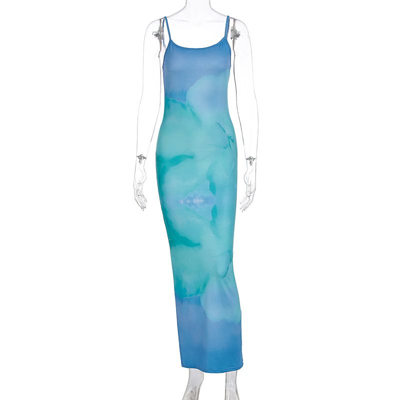 European And American Style 2025 Summer New Sexy Fashion Gradient Print Strap Slim-fit Bodycon Dress For Women_ecoleips.com