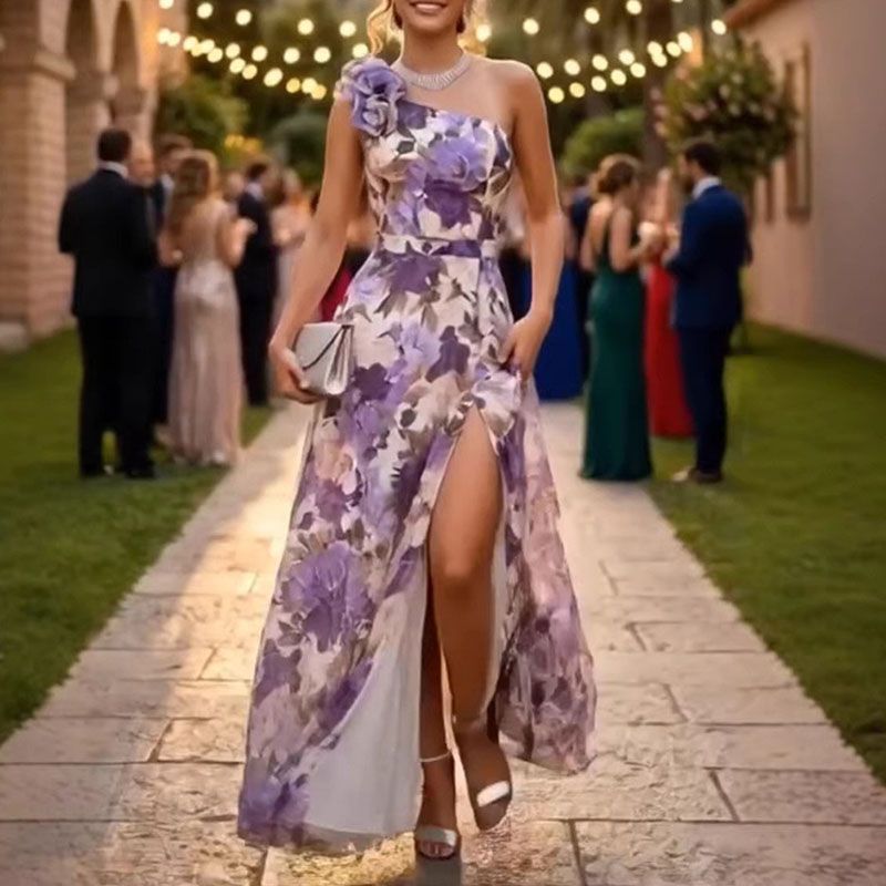 Sexy Slant Collar Hollow Pleated Beach Dress Irregular High Waist Elegant Dresses New Spring Summer Vacation Women's Long Dress_ecoleips.com