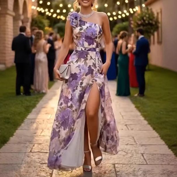 Sexy Slant Collar Hollow Pleated Beach Dress Irregular High Waist Elegant Dresses New Spring Summer Vacation Women's Long Dress_ecoleips.com