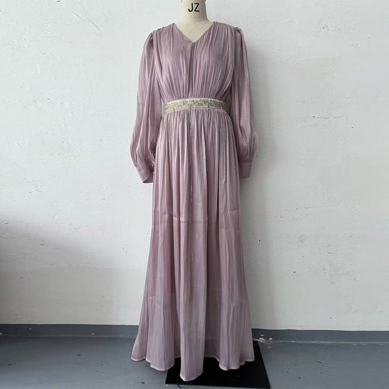 Women's Clothing New Fashion V Neck Pleated Tulle Long Sleeved Swing Dress_ecoleips.com