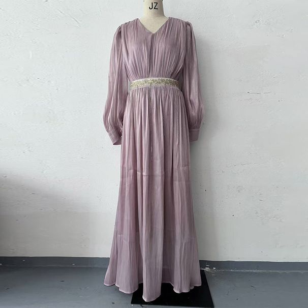 Women's Clothing New Fashion V Neck Pleated Tulle Long Sleeved Swing Dress_ecoleips.com