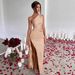 Sexy Satin Dress for Women Shoulder Gathered Slit Slim Fit Summer Temperament Gown_ecoleips.com