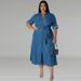 Women's Clothing Denim Lapel Long Sleeved Tie Down Mid Length Dress_ecoleips.com