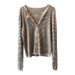 Yanshuang Korean Style Color-Block Striped Knitted Cardigan For Women, Autumn New Round Neck Versatile Thin Sweater_ecoleips.com