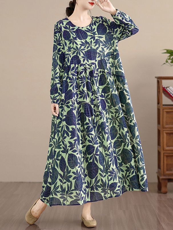 Cotton Long Sleeve Print Vintage Dresses Women Casual Loose Long Dress Office Lady Vestidos Elegant Clothing Spring Autumn 2025_ecoleips.com