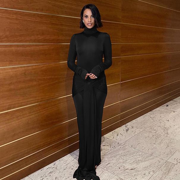 Mozision Turtleneck Long Sleeve Maxi Dress For Women Fashion Irregular Bodycon Long Dress Femme Temperament Evening Dress_ecoleips.com