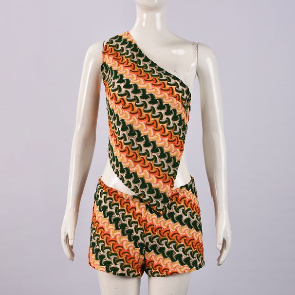 Sexy Off-Shoulder Tie-Detail Top & Striped Knit Shorts Set - Animal Print, Asymmetrical Design, - Summer Vacation Outfit (S/M/L/XL)_ecoleips.com