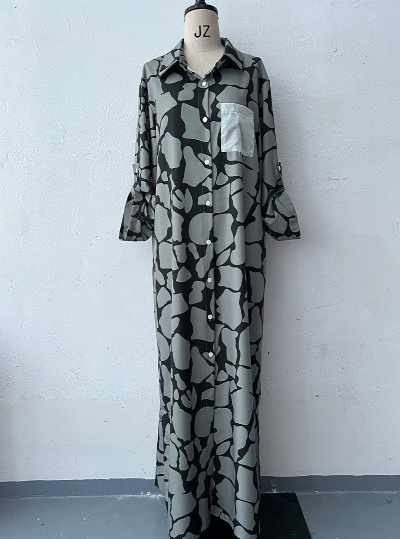 Women's Clothing Summer Fashion Print New Long Sleeved Loose Collarless Cardigan Dress_ecoleips.com