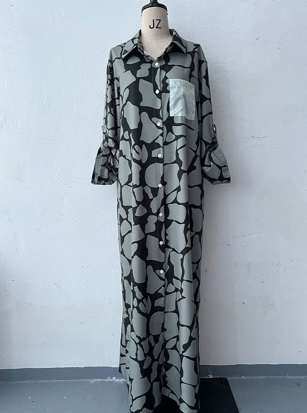 Women's Clothing Summer Fashion Print New Long Sleeved Loose Collarless Cardigan Dress_ecoleips.com