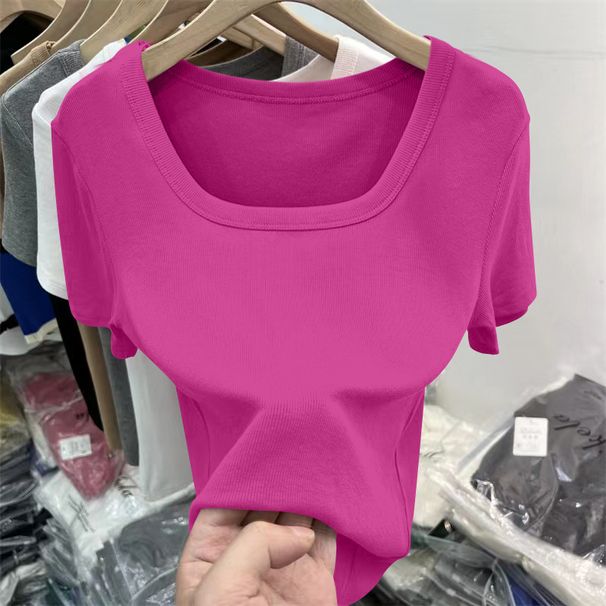 Women's plus Size Square Neck T-Shirt Soft Ribbed Fabric Flattering Fit Solid Color Basic Top Summer Essential Fashion_ecoleips.com