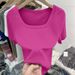 Women's plus Size Square Neck T-Shirt Soft Ribbed Fabric Flattering Fit Solid Color Basic Top Summer Essential Fashion_ecoleips.com