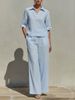 Women's V-Neck Short Sleeve Top & High-Waisted Wide Leg Pants Set – Classic Minimalist Resort Wear For Summer Vacation & Casual Outings_ecoleips.com