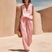 Women's Two Piece Set Vacation Style V Neck Sleeveless Top with Drawstring Wide Leg Pants Loose Fit European American Design_ecoleips.com