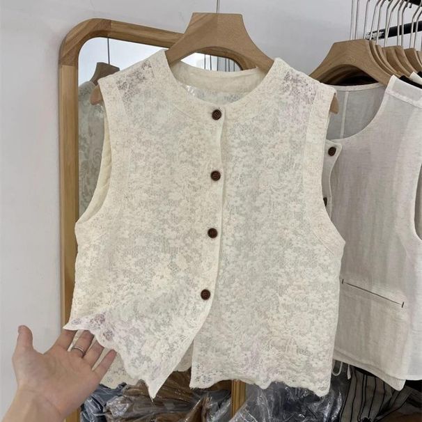 Women's French Style Sweet Lace Openwork Sleeveless Vest Summer New Single Breasted Loose Fitting Elegant Cardigan Top_ecoleips.com