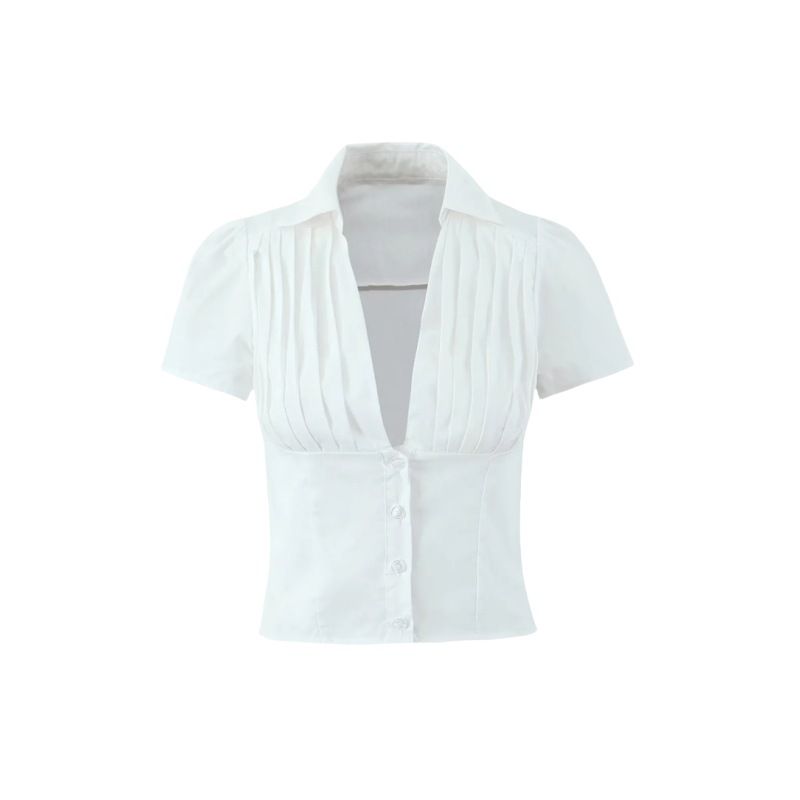 Deep V-Neck Single-Breasted Short Blouse Top Women With Low Waist Drawstring A-Line Skirt Set For Spring And Summer_ecoleips.com