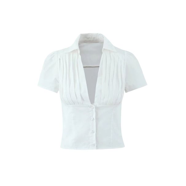 Deep V-Neck Single-Breasted Short Blouse Top Women With Low Waist Drawstring A-Line Skirt Set For Spring And Summer_ecoleips.com