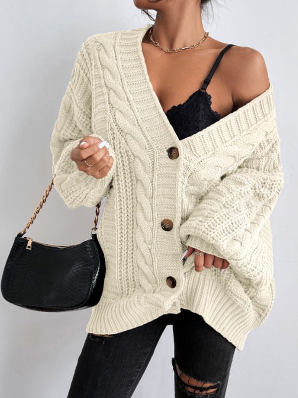 Vintage Cable-Knit Cardigan – Oversized V-Neck Sweater With Puff Sleeves For Women (Dark Brown/Cream/Black, S-XL)_ecoleips.com
