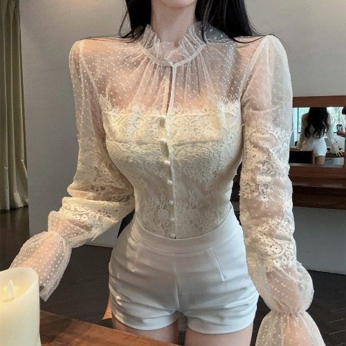 Vintage Mesh Patchwork Lace Polka Dot Shirt Short Top And Shorts Women's 2025 Fall/Winter New French Style Outfit_ecoleips.com