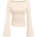 Women's Clothing Slim Fit Solid Color Boat Neck T-Shirt For Women European American Style Long Sleeve Trumpet Sleeve Pleated Slimming Top For Autumn_ecoleips.com