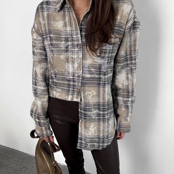 Retro-Style Loose Cotton Checkered Shirt With Long Sleeves For Autumn/Winter Season, Featuring A Stylish Checkered Desig_ecoleips.com