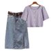 Women's Clothing Summer Fashion Age Reducing Outfit For Women New Style Drawstring Shirt Top Slit Denim Skirt Two Piece Suit_ecoleips.com