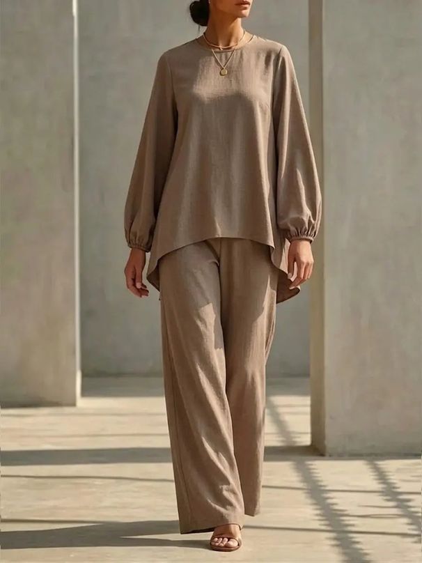 Women's Casual Cotton Linen Top And Pants Set Simple Long Sleeved Shirt with Straight Leg Pants European American Style 2 Piece Outfit_ecoleips.com