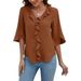 2026 Summer European American Women V Neck Ruffle 3/4 Sleeve Casual Fashion Shirt_ecoleips.com