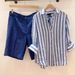 Women's French Style Sun Protective Shirt Blue White Striped Ramie Loose Fit Elegant High Count Linen Top_ecoleips.com