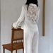 High-end Fashion Ice Silk Pajamas For Women, White Moonlight Spring Home Wear, Lace Backless Long-sleeve Long-pants_ecoleips.com