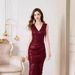 Fashion Wine Red Sleeveless Deep V-neck Sexy For Women Sequin Fringe Irregular Hem Dress_ecoleips.com
