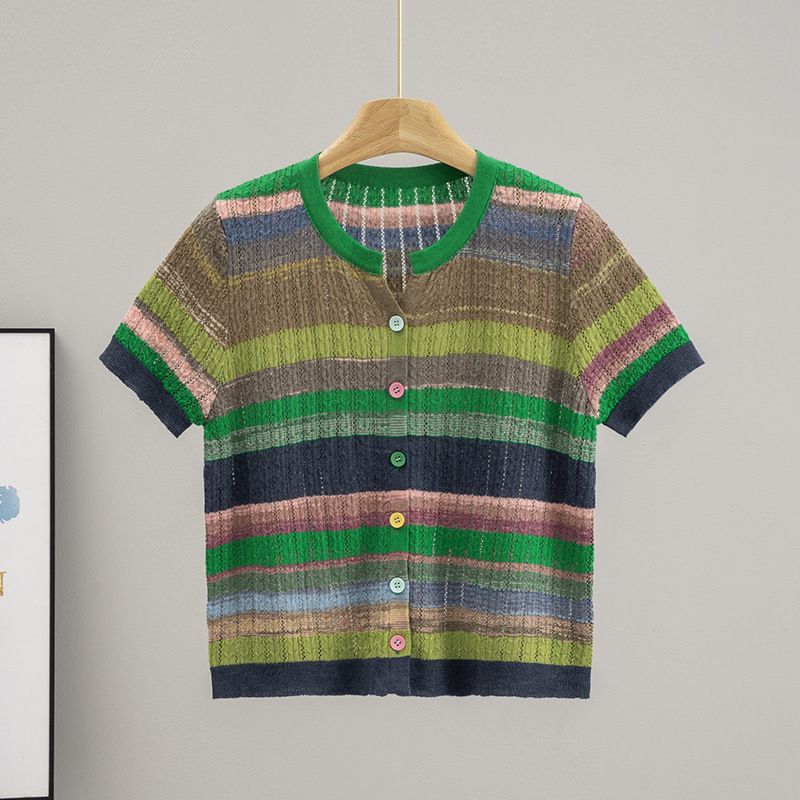 Women's Clothing Summer Rainbow Striped Round Neck Button Short Sleeve Knitted Cardigan Slim Fit Short Versatile Shirt Top_ecoleips.com