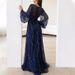 Fashion Sequin Mesh High Waist Evening Dress Ladies Sexy V Neck Long Sleeved Pleated Dress Elegant Solid Color Slim Robe Dresses_ecoleips.com