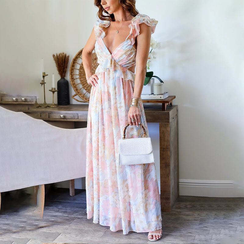 2024 European And American Foreign Trade Women's Clothing Cross-border Summer Fashion Floral French Retro Waist-exposed_ecoleips.com