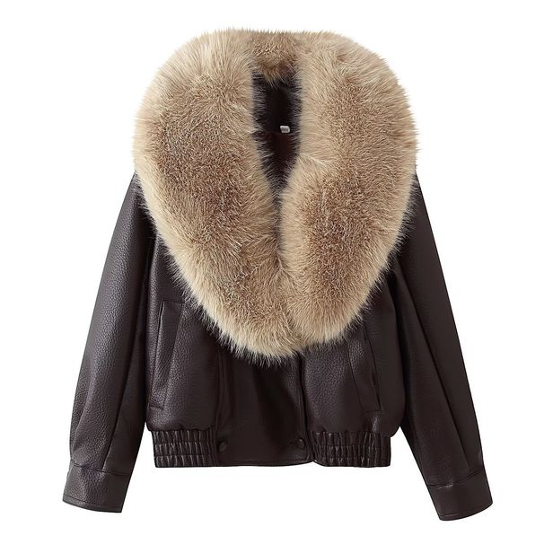 Women's Clothing Fashion Faux Leather Jacket With Faux Fur Collar - Loose Fit, Three Colors (Burgundy, Coffee, Black), Short Length, Double Breasted_ecoleips.com