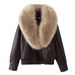 Women's Clothing Fashion Faux Leather Jacket With Faux Fur Collar - Loose Fit, Three Colors (Burgundy, Coffee, Black), Short Length, Double Breasted_ecoleips.com