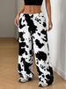 Women's Cow Print Fleece Pants – Winter High-Waisted Loungewear (M-XXL, Polyester, Black & White)_ecoleips.com