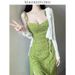 Cross-border Supply Green Floral Print Camisole For Women, Summer 2024 New Style, Beach Vacation Outfit, Waist-cinching_ecoleips.com